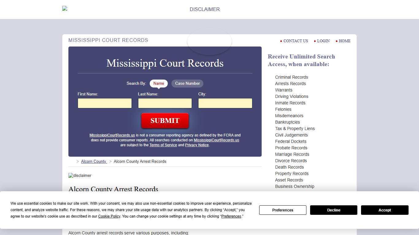 Alcorn County Arrest Records MississippiCourtRecords.us